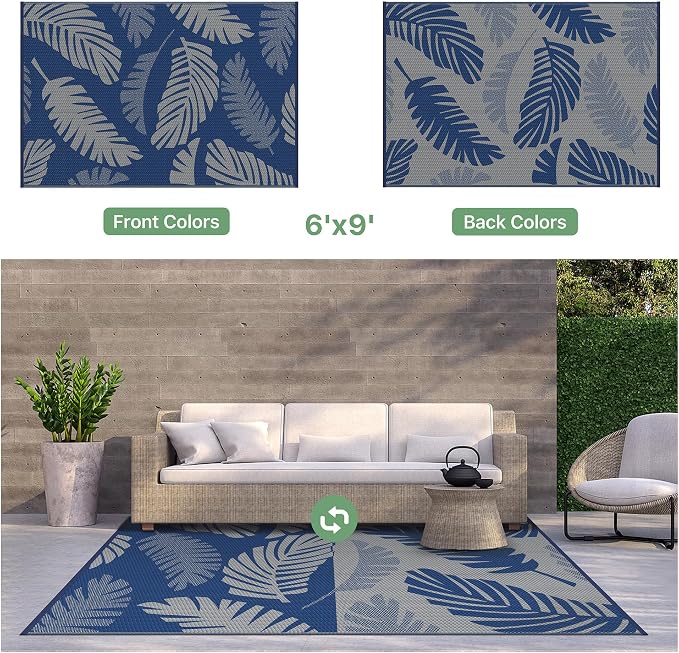 GENIMO Waterproof Outdoor Rug 6' x 9' for Patio Decor, Reversible Plastic Straw Area Rugs for Camping Clearance, RV Mat, Large Outside Carpet for Porch, Deck, Picni, Balcony, Garden, Navy Blue & Grey