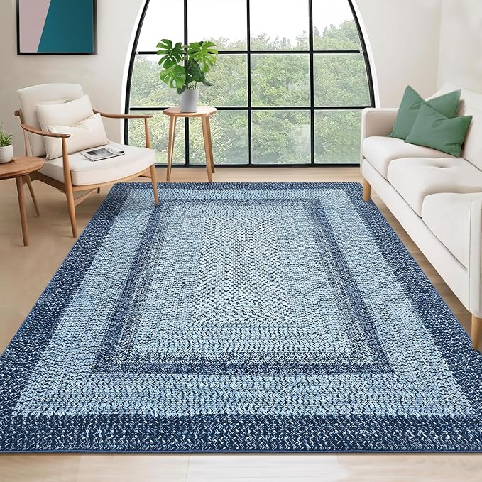 RUGSREAL Washable Bedroom Rug 4x6 Living Room Braided Print Floor Cover | Dining Room Throw Carpet with Rubber Backing Farmhouse Rustic Accent Rugs for Living Room Home Decor, Blue