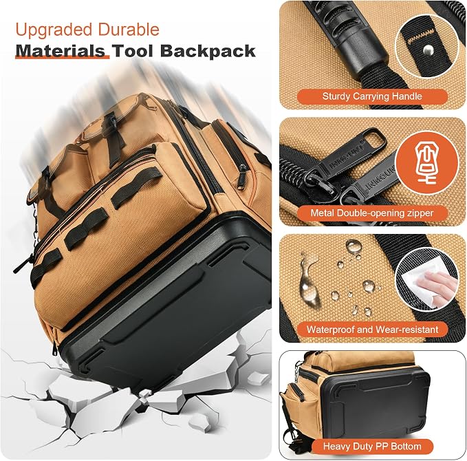 Tool Backpack with 2 Small Tool Bags – LOKASS Heavy Duty Backpack Tool Bag with Molded Base,1680D Tool Organizer with Laptop Compartment & Combination Lock, Water-Resistant Electrician & HVAC Tool Bag