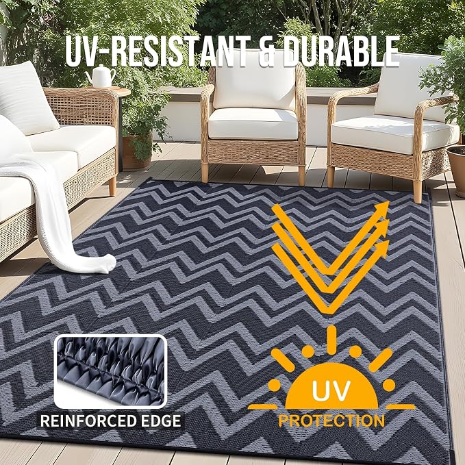 OLANLY Waterproof Outdoor Rug 6x9 ft Clearance, Reversible Outdoor Plastic Straw Rug, RV Mat, Indoor Outdoor Carpet for Patio, Camping, Balcony, Deck, Backyard, Black & Grey
