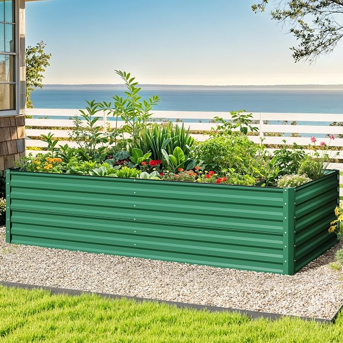 DWVO 8 x 4 x 2 FT Raised Garden Bed Kit, Outdoor Galvanized Flower Bed with Safety Rubberg and Gloves, Large Metal Planter Box for Vegetables, Flowers, Herbs, Fruits, Green