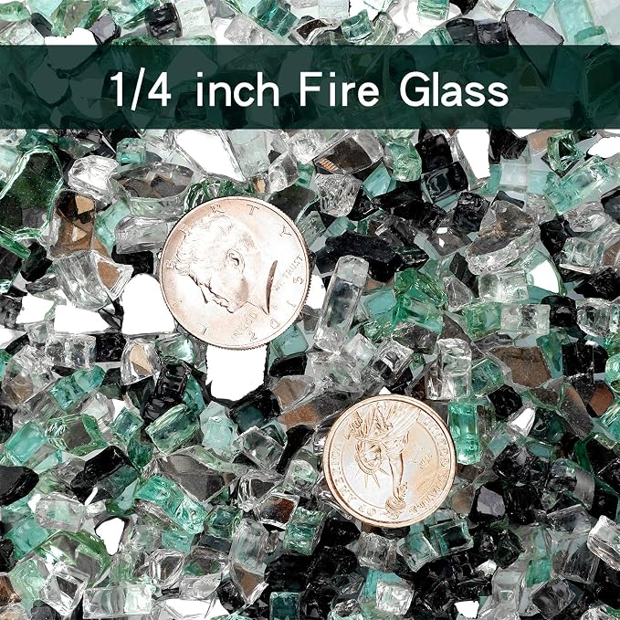 Onlyfire 10 lbs Fire Glass Rocks 1/4 Inch, Reflective Tempered Glass for Propane Fire Pit & Gas Fireplace, High Luster Firepit Glass Stones for Fire Table, Onyx Black+Platinum+ Light Green