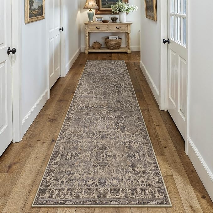 3x8 Brown Vintage Floral Washable Runner Rug for Hallway | Low Pile, Non Slip, Retro Style, Soft Distressed Indoor Rug for Entrance, Kitchen, Bedroom, Laundry Room, Home Decor