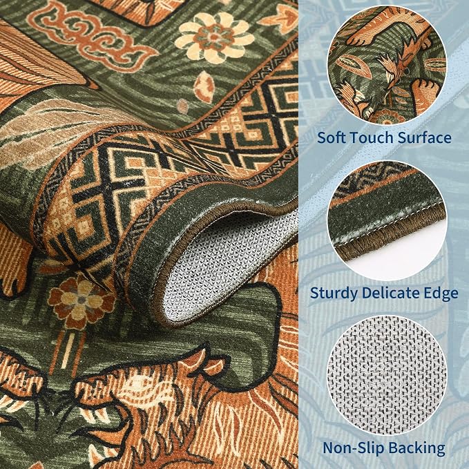 GarveeHome Boho Tiger Entryway Rug, 2x3 Vintage Tribal Washable Front Door Rug Indoor Entrance Green Animal Carpet Non-Slip Throw Rugs for Kitchen Floor, Powder Room, Entry, Bathroom, Kids Room