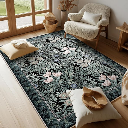 Washable Area Rugs 4x6 Black Green Vintage Floral Botanical Pattern,Perfect for Living Room, Bedroom, Kids Room, Nursery - Stain & Water Resistant Non-Slip, Pet & Child Friendly/Bedroom Decor