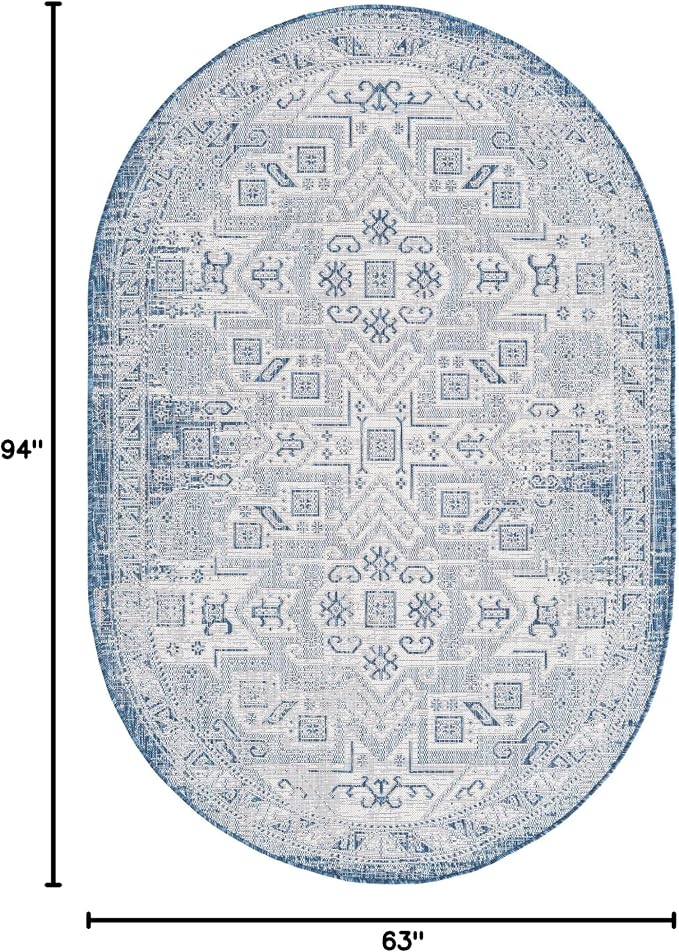 Unique Loom Outdoor Aztec Collection Area Rug - Coba (5' 3" x 7' 10" Oval, Blue/ Ivory)