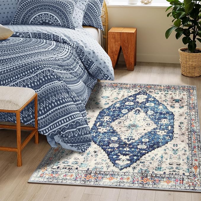 Lahome Felice Boho Tribal Square 4x4 Area Rug, Blue Washable Bathroom Rugs Soft Kitchen Rugs, Oriental Non Slip Non-Shedding Indoor Throw Floor Carpets for Bedroom Entryway Home Decor