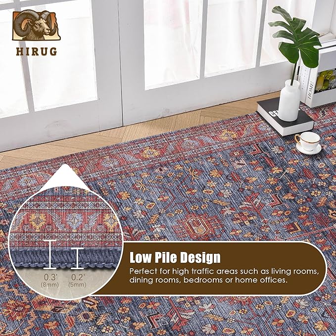 Washable Area Rug 6' x 9' Vintage Traditional Persian Mat - Foldable Distressed Non-Slip Machine Washable Carpet for Living Room Bedroom Kitchen Home Decor - Indigo and Crimson