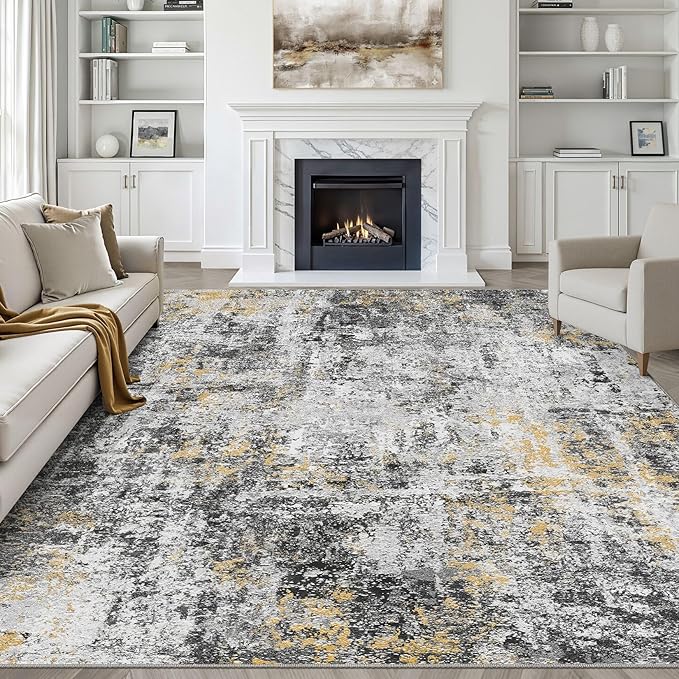 LOONGRUG 8x10 Area Rugs Washable Neutral Modern Living Room Rug Black Gold | Abstract Soft Stain Resistant Indoor Non-Slip Carpet for Bedroom Nursery Kids Office Playroom Dining Room