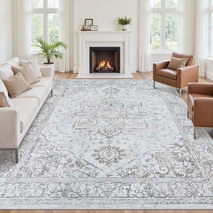 9x12 Washable Area Rugs for Living Room Grey Non-Slip Rug | Vintage Medallion Rug，Soft Low Pile Large Rugs，Indoor Retro Carpet for Bedroom Nursery Dining Table Farmhouse Home Office
