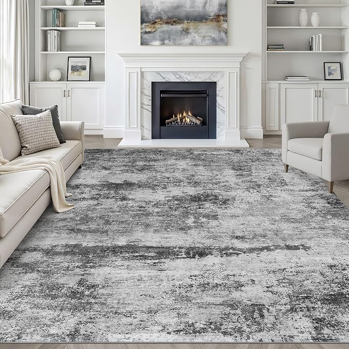 LOONGRUG 9x12 Area Rug Washable Neutral Modern Living Room Rug Black Gray | Abstract Soft Stain Resistant Indoor Non-Slip Carpet for Bedroom Nursery Kids Office Playroom Dining Room