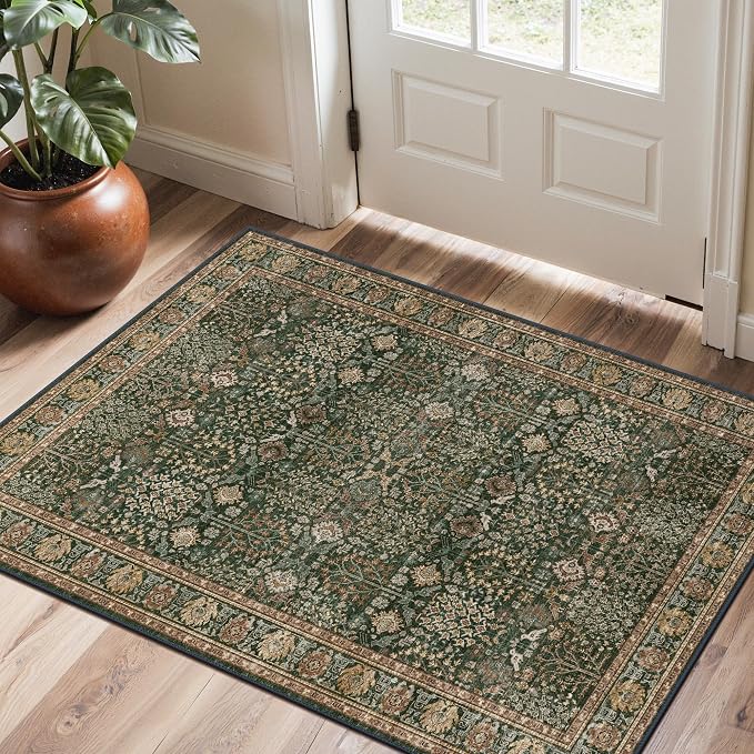 2x3 Washable Rug, Non Slip Entryway Mat, Dark Green Brown | Vintage Floral, Spill Resistant, Lightweight Low Pile Carpet for Kitchen, Hallway, Front Door and Bathroom