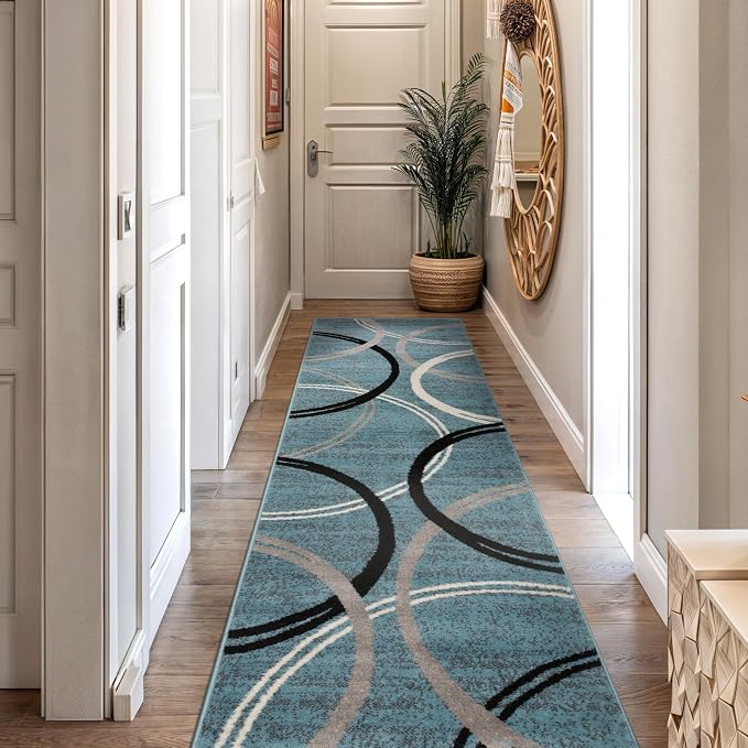 Rugshop Wavy Circles Modern Fade-Resistant Runner Rug Blue 2' x 10' | Runner, Size 2' x 10', Living Room, Bedroom, Dining Room, Home Office, Kitchen, Entryway, Hallway, Nursery, Kids Room