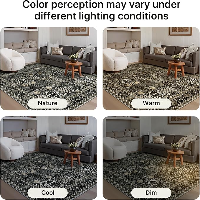 2x5 Kitchen Runner Rug, Washable Non Slip, Black | Vintage Floral Design, Spill Resistant Lightweight Low Pile Carpet for Hallway, Bedroom, Laundry Room, Bathroom
