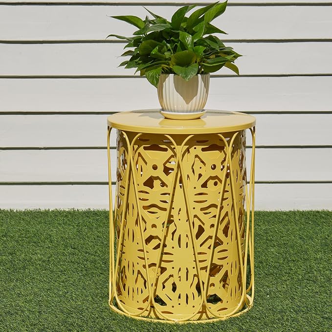 Y&M Outdoor Side Tables Set of 3, Round Metal Stacking Patio Side Tables, Indoor & Outdoor End Tables, Decorative Garden Stool Plant Stand for Patio, Garden, Balcony, Porch, Yellow