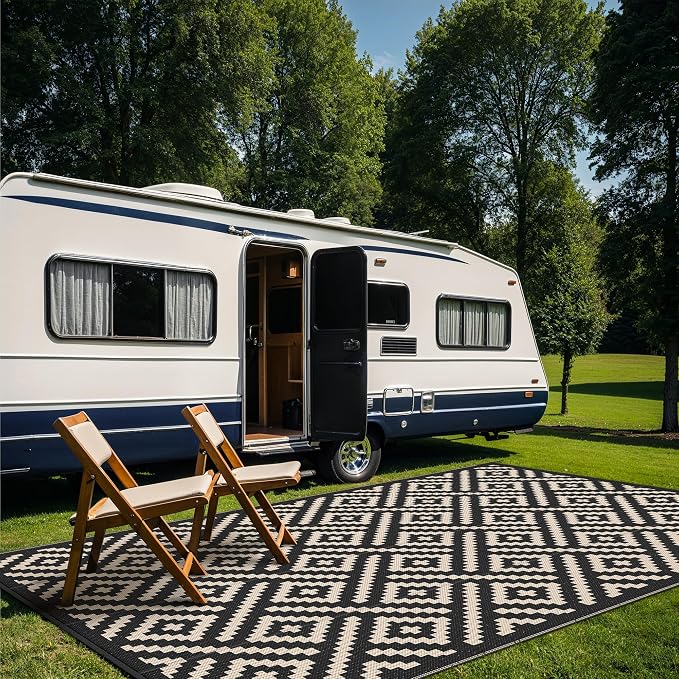 GENIMO Outdoor Rug for Patio Clearance, 9'x18' Waterproof Camping Mat, Reversible Plastic Straw Rugs for RV, Camper, Balcony, Backyard, Picnic, Deck (Black & Beige)