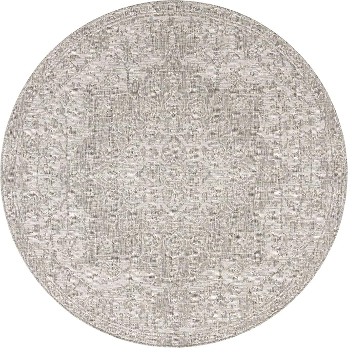 Unique Loom Outdoor Collection Area Rug - Dubai (6' 7" Round, Gray/ Ivory)
