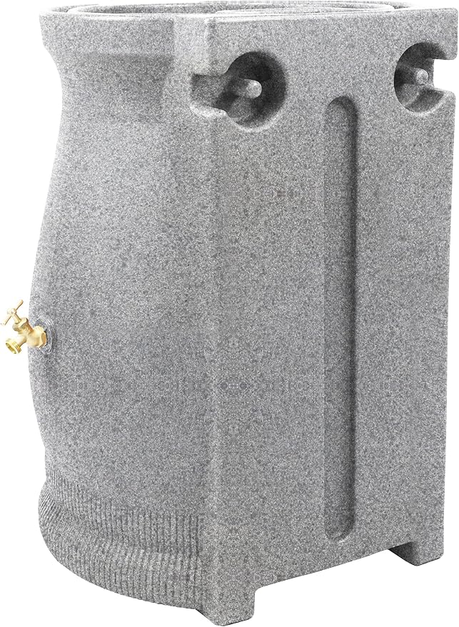 Good Ideas Rain Saver 50 Gallon Urn Shaped Self Draining Wizard Barrel Water Storage with Planter Space and 2 Brass Spigots, Light Granite