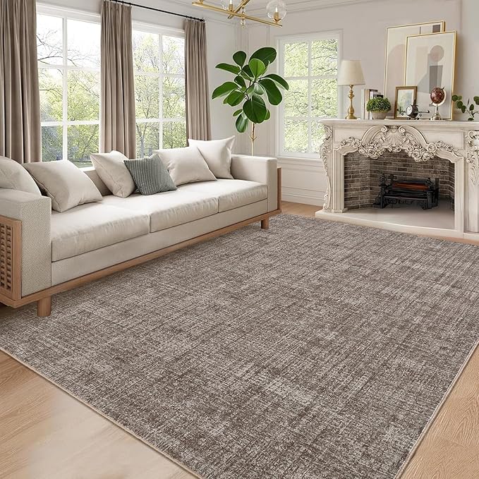 Garvee Modern Solid Area Rugs 9x12 Washable Rugs for Living Room Brown | Soft Non Slip Rugs for Bedroom, Low Pile Neutral Rug, Stain Resistant Foldable Carpet for Playroom Dorm, Farmhouse Rugs