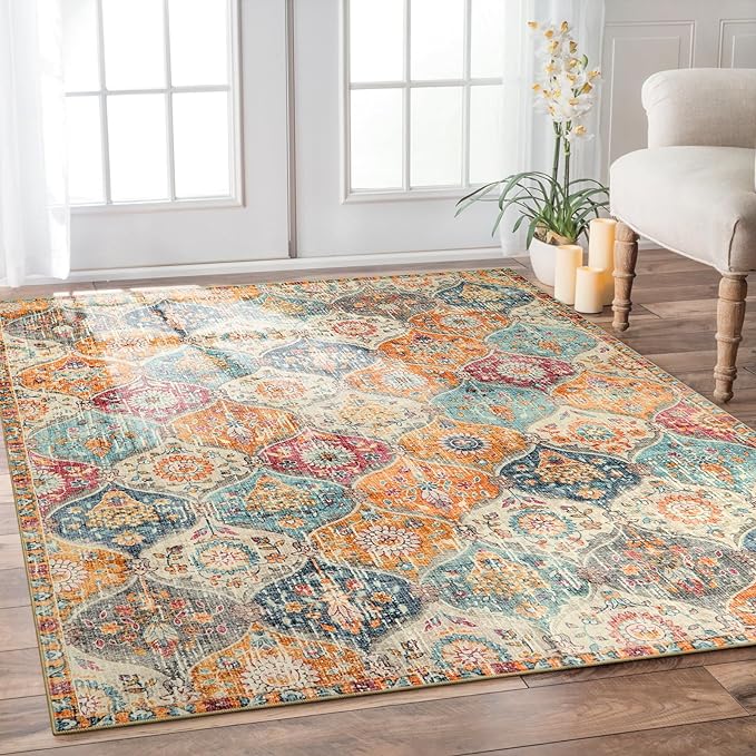 Lahome Moroccan 6x9 Rugs for Living Room, Soft Washable 6x9 Area Rug for Bedroom, Ultra-Thin Oriental Trellis Non Shedding Throw Large Carpet for Dining Room Office Elise, Cream/Multi