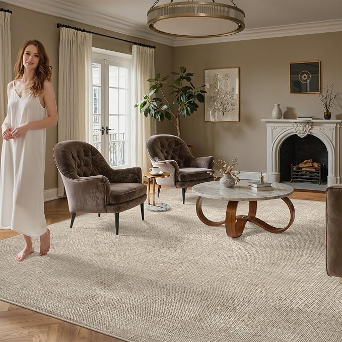 Valenrug 6x9 Area Rugs, High Low Pile Washable Rugs for Living Room, Beige | Soft Fluffy Textured Design Non Slip & Lighweight, Folable, Stain Resistant Floor Carpet Rug for Bedroom, Dining Room, Office
