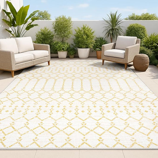 JONATHAN Y Moroccan Geometric Indoor Outdoor Area Rug 9X12 Cream/Yellow, Ourika Textured Weave for Backyard, Patio, Porch, Easy-Cleaning, High Traffic, Pet-Friendly, Non-Shedding (SMB108J-9)