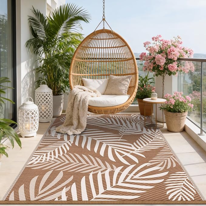 Kohree Outdoor Rug Waterproof 9x12, Reversible Outdoor Plastic Straw Rug with Leaf Pattern, Easy-Cleaning RV Mat Carpet for Patio, Porch, Camping, Balcony, Deck, Backyard, Brown & Beige