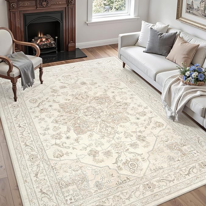 6x9 Area Rugs Living Room: Bedroom Washable Carpet Beige White | Vintage Boho Soft Small Indoor Decor Floor Non-Slip Low Pile Neutral Farmhouse Entryway Laundry Bathroom Bedroom Beside Rugs