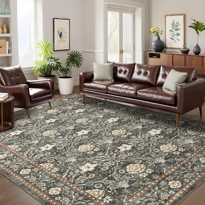 GarveeHome Large Area Rugs 9x12 for Living Room, Retro Floral Washable Rug Soft Non Slip Floor Mat Carpet Indoor Thin Accent Rug for Bedroom Dining Room Playroom Nursery Home Decor
