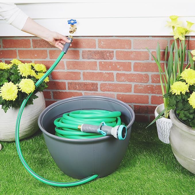 Mighty Tuff Decorative Garden Hose Storage Pot, Durable Holder, Stylish Hose Storage for 100 Foot Standard Hose or 300 Foot Retractable Hose