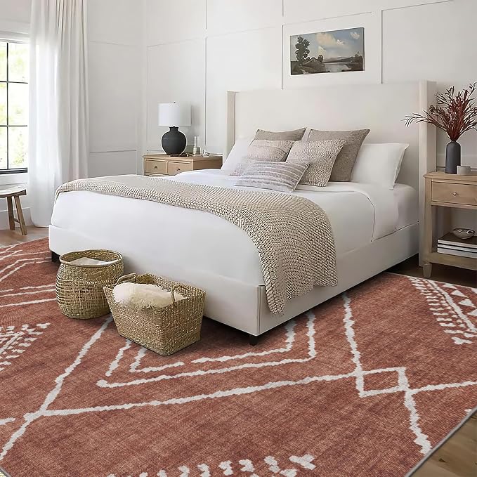 Machine Washable Area Rug Runner - Living Room Bedroom Bathroom Kitchen Entryway Office - Padded Low Pile Stain Resistant Premium - Moroccan Diamond Tribal - Jax - Orange 3' x 5'