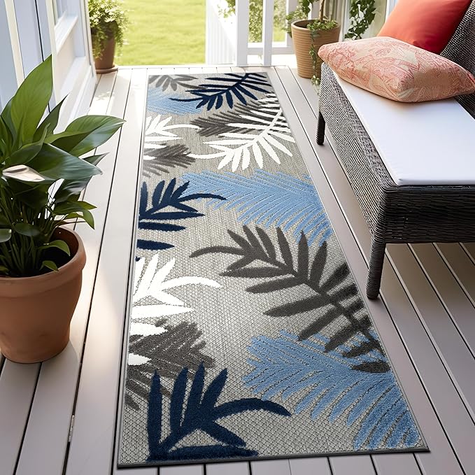 Rugshop Blue Palm Frond Indoor/Outdoor Runner Rug Easy Cleaning for Hallway, Kitchen and Entryway, 2'7" x 10'