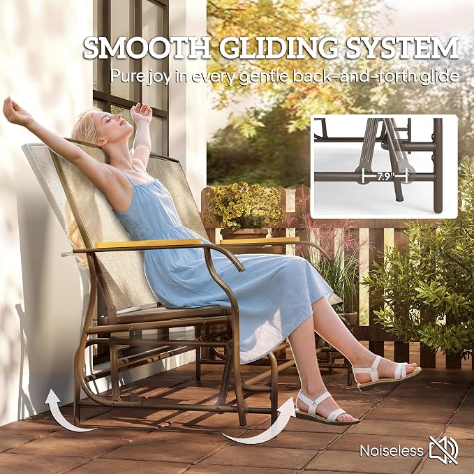 Outsunny 2 Person Outdoor Glider Bench, Patio Swing Glider Chair Loveseat with Breathable Mesh, Table, Steel Frame for Garden, Backyard, Porch, Light Mixed Brown