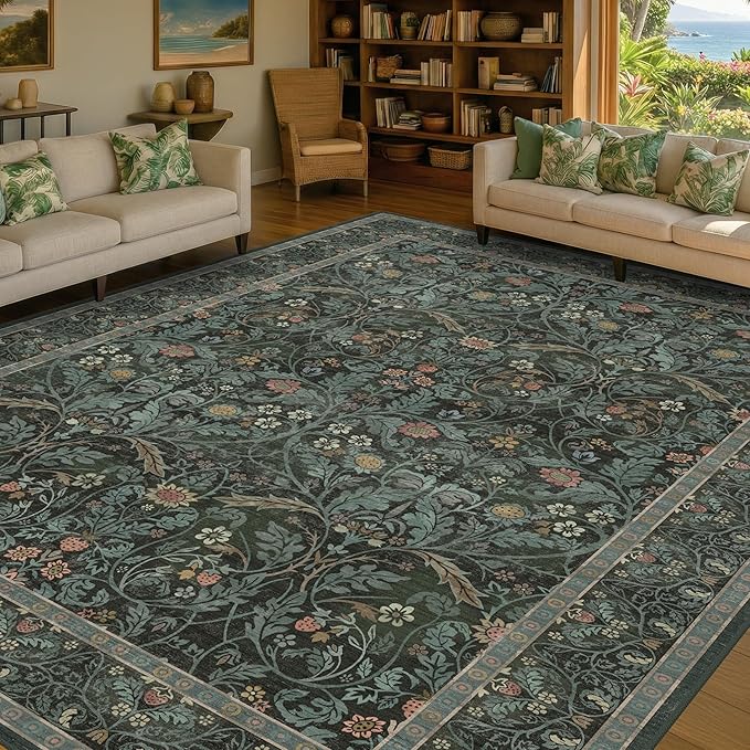 Boho 8x10 Rugs for Living Room, Dark Green Moody Washable Area Rugs for Bedroom, Dining Room Under Table, Playroom, Non Slip Low Pile Oriental Floral Woodland Flower Olive Accent Carpet