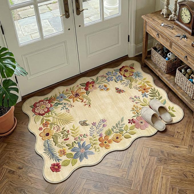 FMFUNCTEX 2x3 Washable Beige Floral Vintage Flower Scalloped Entryway Rug | Colorful Door Mat Traditional Non Slip Low Pile Boho Pattern Indoor Soft Small Thin Throw Rugs Entry Entrance Kitchen Laundry