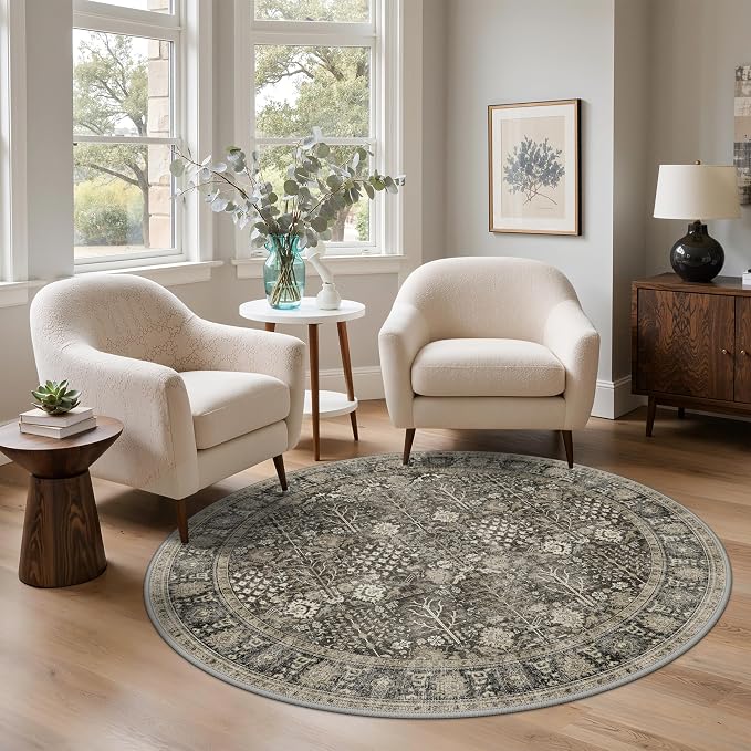 5 Ft Washable Round Area Rug Non Slip for Living Room, Beige/Brown | Vintage Floral Distressed Rug, Low Pile Lightweight Carpet for Bedroom, Nursery, Kitchen and Home Decor