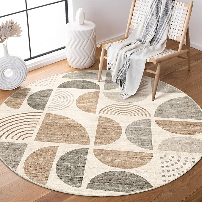 Round Rug 4ft Small Circle Area Rug Washable Non Slip Modern Abstract | Circular Rugs for Entryway Bedroom Kitchen Boho Throw Carpet Soft Low Pile Floor Indoor Bohemian Neutral Beige
