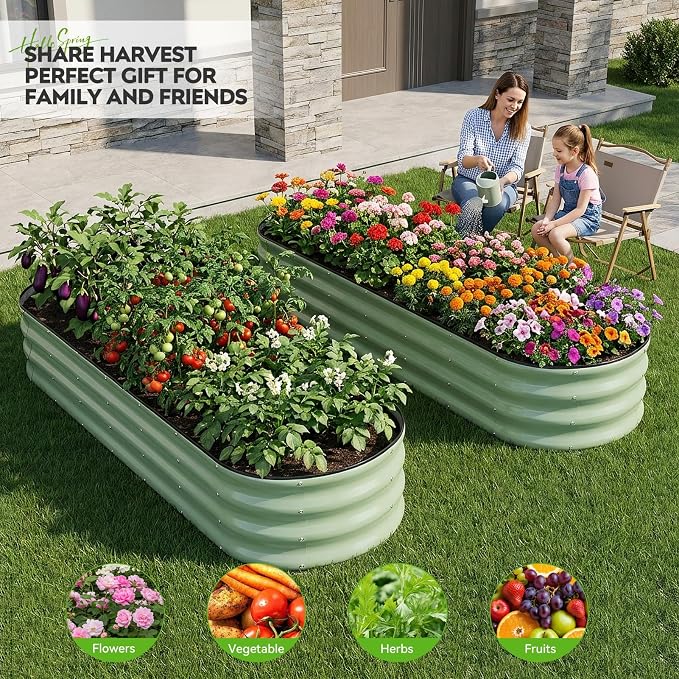 Galvanized Raised Garden Bed 2 Pack, 8x2x1ft Oval Metal Planter Box Outdoor with Support Rods & Corner Protection, Planter Beds for Vegetables, Fruits, Flowers (AvocadoGreen)