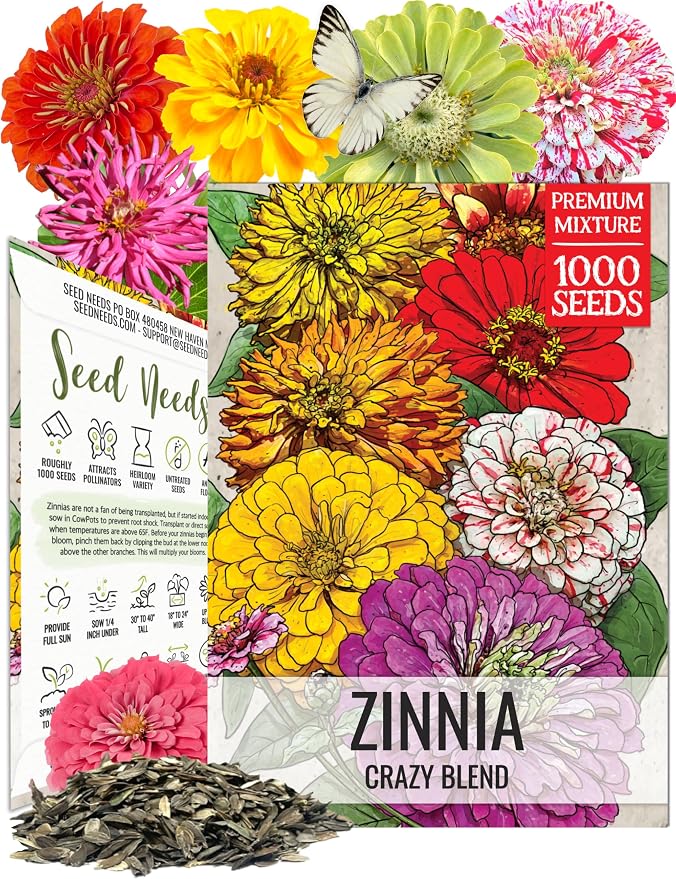 Seed Needs Zinnia Seeds Original Crazy Blend 1,000 Seeds Heirloom Bulk Pack