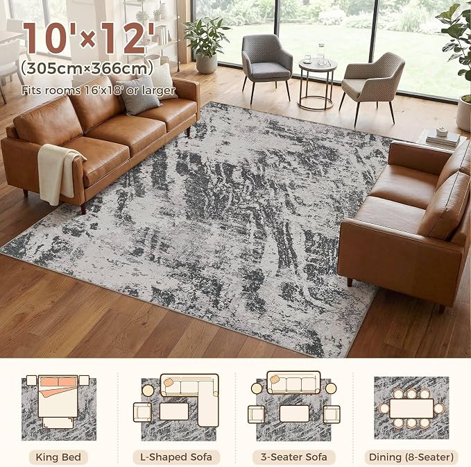 DMOYEST 10x12 Area Rug for Living Room Washable Abstract Indoor Carpet | Neutral Modern Low Pile Rugs Kid & Pet Friendly Large Soft Thin Carpet for Bedroom Dining Room and Office - Light Black