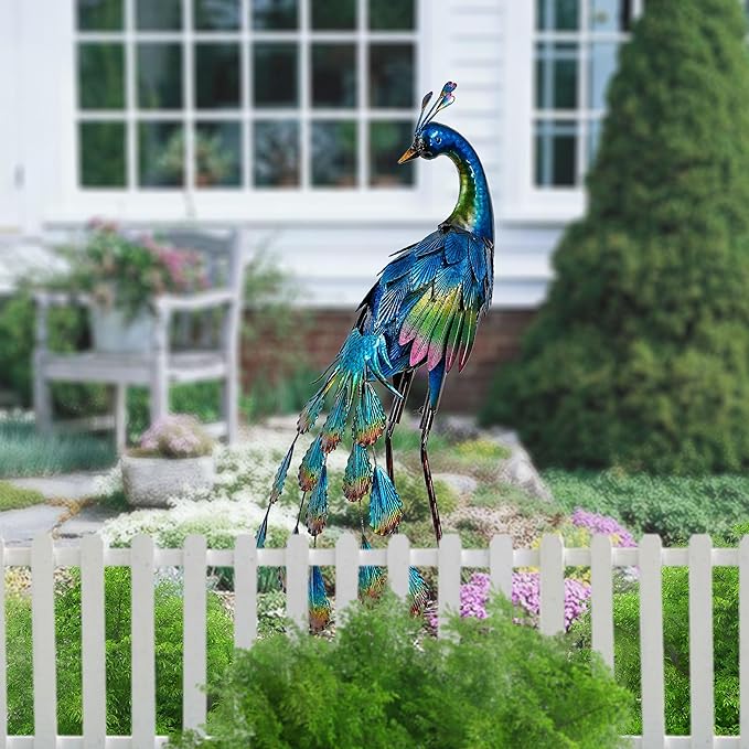 TERESA'S COLLECTIONS Garden Decor, Peacock Yard Decor, Elegant Peacock with Colorful Painting,18", Waterproof Metal Outdoor Statues, Garden Gifts, Birthday Gifts for Women Mom