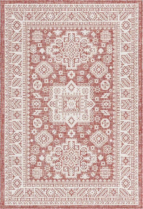Unique Loom Outdoor Aztec Collection Area Rug - Chalca (4' 1" x 6' 1" Rectangle, Rust Red/ Ivory)