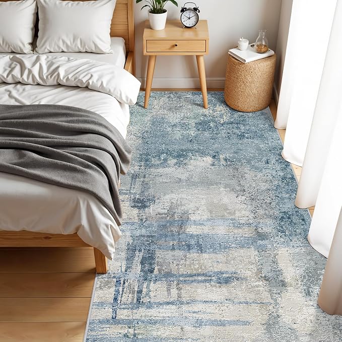 4x10 Modern Abstract Hallway Rug:Washable Wide Runner Rug Blue | Non-Slip Thin Rug for Kitchen, Living Room, Bedroom - Easy Clean Carpet for Long Spaces - Soft Low Pile Floor Mat 4x10 Blue