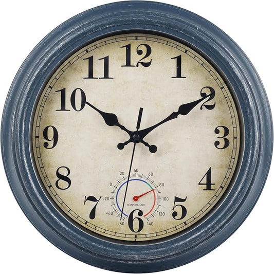 Outdoor Clocks Waterproof with Thermometer Rustic Coastal Wall Clock Decor for Patio Pool Garden(12 Inch,Blue)