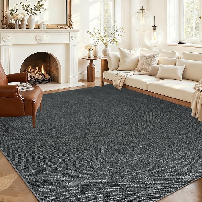 Garvee Large Washable Rug 9x12 Modern Solid Rugs for Living Room Charcoal | Non Slip Woven Textured Bedroom Rug Ultra-Thin Non-Shedding Farmhouse Carpet Neutral Foldable Throw Rugs for Bedroom Office