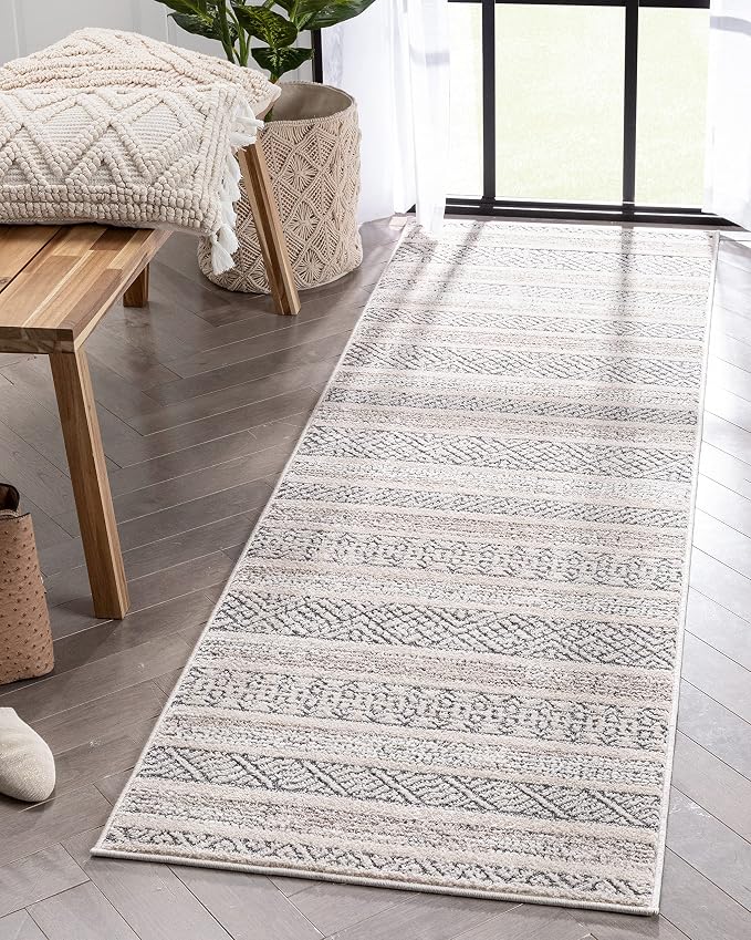 Well Woven Francesca Beige Tribal Geometric Distressed High-Lo Pile (2'7" x 9'10") Runner Rug