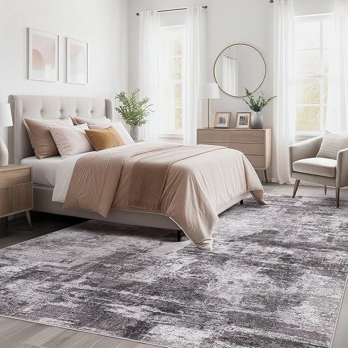 kakania Abstract 9x12 Area Rugs for Living Room: Washable Rugs Grey | Soft, Non-Slip, Low-Pile, Pet & Kid Friendly - Large Modern Home Decor Carpet for Bedroom/Dining Room/Office/Nursery