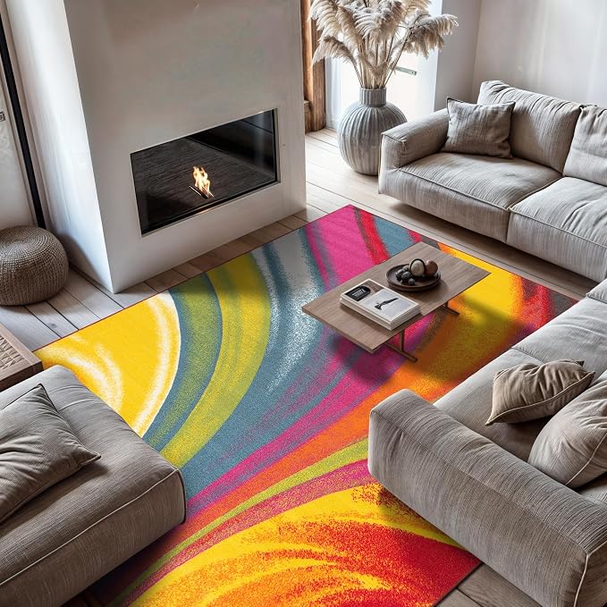 Rugshop Waves Non-Slip Contemporary Modern Area Rug Multi 7'10" x 10' | Rectangular, Size 7' 10" x 10', Living Room, Bedroom, Dining Room, Home Office, Kitchen, Entryway, Hallway, Nursery, Bedside