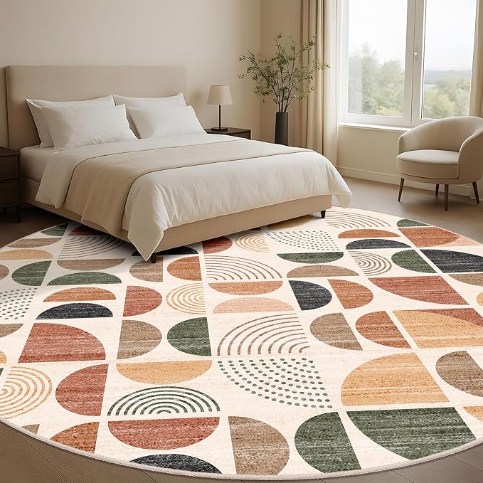 Round Rugs 9ft,Circle Area Rug Washable Non Slip Modern Abstract | Circular Rugs for Living Room Dining Room Large Boho Throw Carpet Soft Low Pile Floor Indoor Bohemian Terracotta