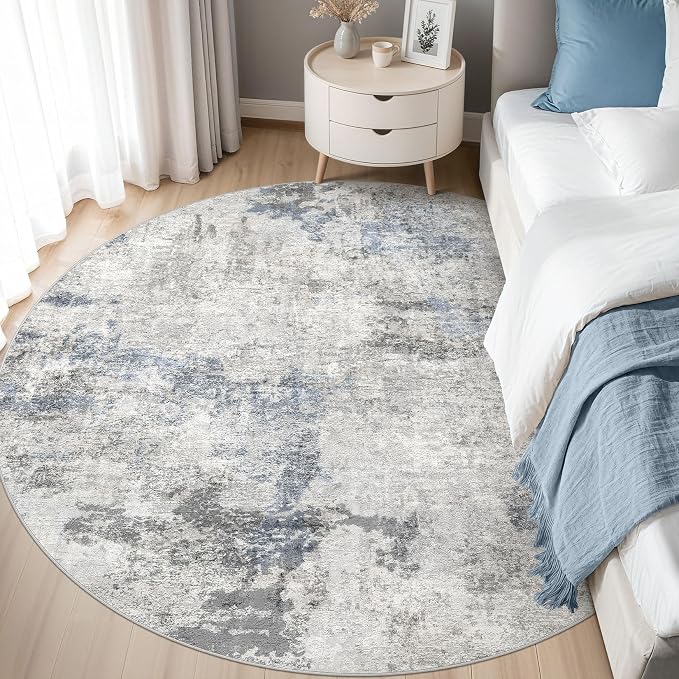 DMOYEST 6ft Round Area Rug for Living Room Washable Non Slip Circle Rug | 6x6 Neutral Modern Abstract Low Pile Rugs Kid & Pet Friendly Soft Carpet for Bedroom Dining Room - Grey Blue